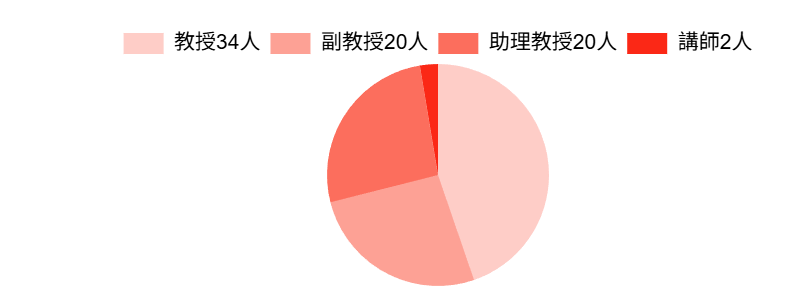 本學院現有專任與專案教師結構圓餅圖，現有教師74人，其中教授34人、副教授20人、助理教授20人、講師2人。